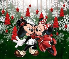 mickey and minnie kissing in front of christmas trees with snowflakes on the background