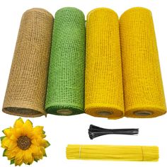 PRICES MAY VARY. 4 rolls of poly burlap mesh to make sunflower wreath. Sugguest to use a 10 inch wire wreath(not included) to make a large sunflower poly burlap wreath. Each roll measures apprx. 5 yard long * 10 inch wide. Yellow poly burlap roll * 2 + green poly burlap roll * 1 + poly burlap roll * 1 Made of polypropylene. Feels like natural burlap, not plastic. But it will last in rain or sunlight. A detailed instructions included. Even beginners can make a beautiful sunflower wreath. The comp Diy Front Door, How To Make Sunflower, Burlap Rolls, Sunflower Colors, Sunflower Wreath, Wire Wreath, Wreath Decoration, Chenille Stems, Mesh Ribbon