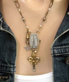 I need to do something like this with my grandmother's watch!! Altered Art Jewelry, Found Object Jewelry, Jewerly Making, Vintage Jewelry Art, Old Watches