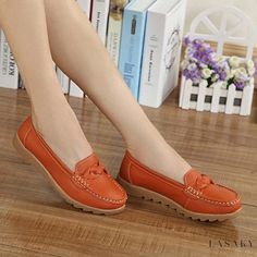 Lasaky - Premium Leather Flats: Stylish Casual Shoes with Comfortable Rubber Soles Casual Synthetic Moccasins With Round Toe, Casual Flats With Stitched Sole And Round Toe, Casual Synthetic Closed Toe Moccasins, Casual Synthetic Moccasins For Spring, Orange Loafers With Round Toe For Spring, Casual Synthetic Flats With Round Toe, Orange Round Toe Loafers For Spring, Spring Orange Loafers With Round Toe, Spring Orange Round Toe Loafers