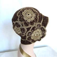 Roman Keflay Hand Crochet 1920’s Flapper Style Brown & Gold Hat Brand New. Inside Circumference 24” Vintage Crochet Cap Hat, Adjustable Vintage Crochet Hat, Vintage Crochet Bucket Hat, Classy Hats, Gold Hat, 20s Flapper, Gold Hats, Flapper Style, Head Hair