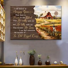 Christian wall art canvas featuring an old red barn on a serene farm with the hymn I Still Believe in Amazing Grace, perfect for rustic decor. He Walks With Me, The Old Rugged Cross, Wall Art Horizontal, Barn Wall Art, Quotes Canvas, Wall Art Square, Christian Art Print, Art Horizontal, Rugged Cross