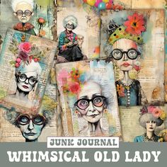 an old lady with glasses and flowers on her head is surrounded by pictures of older women