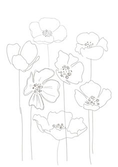 a line drawing of flowers with one flower in the middle and two on the side