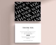 two thank cards with the words thank you in black and white, on a pink background