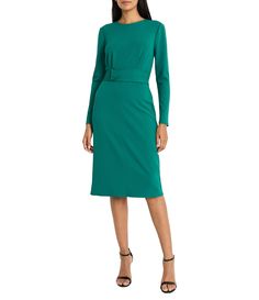 From Maggy London&#x2C; this dress features:Scuba crepe fabricationSheath silhouetteHigh neckline Long sleevesFront keyhole detailBelted wrap waist Fully lined Straight hemline Center back zip closureApprox. 42.5" lengthPolyester/spandexMachine wash cold/line dry Imported. Casual Wedding Guest Dresses, Long Sleeve Sheath Dress, Illusion Dress, Wedding Guest Dresses, Maggy London, Midi Sheath Dress, High Neck Long Sleeve, Dress 16, Awards Ceremony