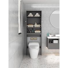 a white toilet sitting under a bathroom mirror next to a shelf filled with towels and other items