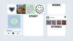 an image of a web page with pictures and words on it that say work, study, others