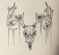 a drawing of a deer skull with flowers on it's antlers and horns