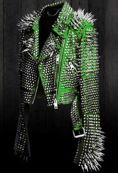 Top Seller for New Womens Punk Full Long Spiked Studded Brando Green Leather Jacket, women wear, Fashion women's Coats Jackets Neon Punk Fashion, Spiked Leather Jacket, Men Leather Boots, Leather Boots Men, Green Leather Jacket, Leather Jacket For Women, Punk Women, Motorbike Jackets, Studded Leather Jacket