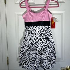 Rr Satin Dress Pink And Zebra Print (Black And White ) Very Unique Dress Girls Size 12 Nwt #Pictureday #Weddingdress #Zebra #Animalprint Zebra Prom Dress, Pink Zebra Dress, Satin Dress Pink, Zebra Print Clothes, Zebra Print Party, Black Bubble Dress, Hot Pink Zebra Print, 2000s Dress, Hot Pink Zebra