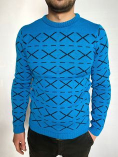 Blue Jacquard Knit Crew Neck Sweater, Blue Jacquard Knit Sweater, Blue Jacquard Knit Sweater For Fall, Blue Crew Neck Knitted Sweater, Blue Knit Sweater For Winter, Blue Fitted Knit Sweater, Fitted Blue Knit Sweater, Blue Fair Isle Pattern Winter Sweater, Horse Sweater