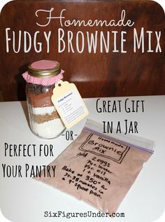 the homemade fudge brownie mix is in a jar and next to it's recipe