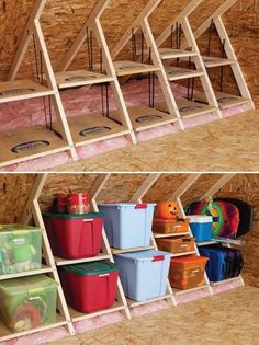 two shelves filled with different colored containers and bins on top of each other in a room