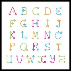 an alphabet with different colored arrows in the shape of letters and numbers on white paper