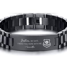 a stainless steel bracelet with an engraved message on the front and back of it's clasp