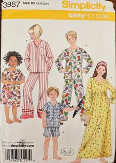 an adult and child's pajama set sewing pattern, with two children in pajamas