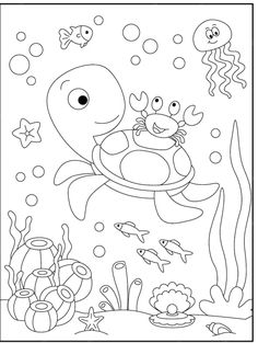 a coloring page with an octopus and crab swimming in the ocean, surrounded by other marine animals