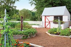 a garden with various plants and flowers in front of a white fenced in area