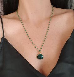 Green Beaded Chain and Charm  Gold Plated Silver 925 Green Onyx Green Onyx Necklace, Rosary Necklace, Onyx Necklace, Necklace Green, Green Onyx, Green Necklace, Green Bead, Gold Plated Silver, Beaded Chain