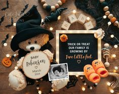 Halloween Pregnancy Announcement Digital Get ready to enchant your friends and family with our spellbinding pregnancy announcement digital! Perfect for sharing your Halloween baby joy on social media, this delightful design features an adorable teddy bear wearing a witch hat, a charming letter board displaying the message, "Trick or treat our family is growing by two little feet," pumpkin baby booties, whimsical little bats in the background, and cute baby props. WHY CHOOSE OUR ANNOUNCEMENT? Hal Halloween Baby Announcement Ideas, Baby Announcement Ideas Social Media, Hocus Pocus Baby Announcement, Fall Pregnancy Announcement Baby #2, Halloween Birth Announcement, Pregnancy Announcement Halloween