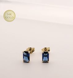 14K Solid Gold Blue Sapphire CZ Basket Set Stud Earrings, Tiny Gold Sapphire CZ Baguette Setting Earring | 5mmx3mm Material: 14k Solid Yellow Gold Metal Stamp: 14K Gold Stone Type: AAA+ High quality Cubic Zirconia Gem Shape: Rectangular Baguette Cut Size: 5mmX3mm Setting: Basket Gem Color: Blue Sapphire Birthstone Month: September Closure: 14K Gold Push Back Finish: Polished Prices are in pair Perfect everyday earrings that won't change color and are great for sensitive ears. Easy to wear, Comfo Second Hole Earrings, Rectangular Earrings, Blue Sapphire Studs, Diamond Earrings For Women, Vintage Inspired Earrings, Sapphire Birthstone, Minimalist Earrings Gold, Sapphire Earrings Studs, Gemstone Earrings Gold