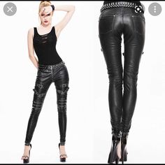 Brand New Pu Leather Pants For Women Size Xl. See Last Picture For Measurements. Black Fitted Punk Bottoms, Fitted Black Punk Bottoms, Black Rocker Bottoms For Alternative Fashion, Gothic Black Bottoms For Spring, Gothic Black Bottoms With Belt Loops, Black Rocker Bottoms With Belt Loops, Gothic Black Leather Pants For Concerts, Edgy Fitted Bottoms For Concert, High Waist Black Pants For Concert