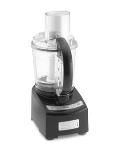 a black and silver food processor on a white background