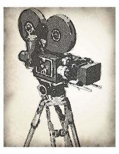 an old fashioned movie camera on a tripod in front of a beige background with black and white images