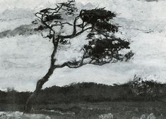 a black and white painting of a tree in the snow