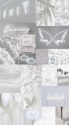 white and gray collage with the words exit dreaming written in neon lights above it