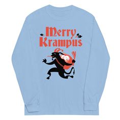 Not quite warm enough for a tee? This 100% cotton (heather colors contain polyester) long sleeved tee has you covered. Winter Long Sleeve Graphic Shirt, Long Sleeve Screen Print Sweatshirt For Winter, Blue Pre-shrunk Long Sleeve Shirt, Merry Krampus, Long Sleeve Tee, Cotton T Shirt, Cotton Tshirt, Ash, Long Sleeve Tees