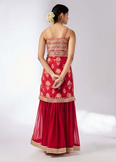 Discover timeless elegance with this exquisite set featuring a cotton silk kurta with strappy detailing and artistic design. Paired with a graceful georgette sharara for a chic, flowing silhouette, and a sheer chiffon dupatta for an ethereal finish. Embrace a blend of classic romance and modern style for any special occasion. Red Georgette Sharara With Sheer Dupatta, Red Sharara With Sheer Dupatta In Georgette, Indian Arts And Crafts, Classic Romance, Indian Textiles, Sharara Set, Sheer Chiffon, Western Wedding, Wedding Service