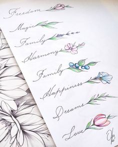 two sheets of paper with flowers and leaves on them, one has the word love written in cursive writing