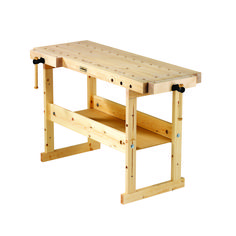 a wooden workbench with two drawers and one shelf on each side, attached to a white background