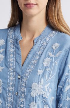 This lightweight chambray button-up shirt covered in intricate floral embroidery is the perfect layering piece all year 'round. Front button closure V-neck Long sleeves 100% cotton Hand wash, dry flat Made in the USA Blue Fits, Fragrance Design, Designer Clothes For Men, Modern Outfits, Women's Summer Fashion, Athletic Women, Chambray, Summer Women, Button Up