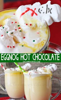 eggnog hot chocolate in glasses with marshmallows and candy canes