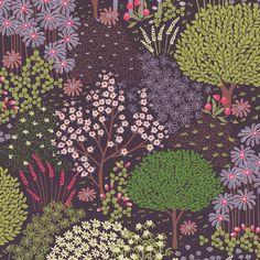 a bunch of different types of flowers and trees on a black background with pink, green, purple, and blue colors