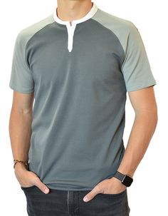 Walk the walk in style! These short sleeve Henley shirts are made with our super soft, breathable high quality cotton blend fabric that comes out of the dryer ready to wear!  Slightly tapered to show the male form along with clean, masculine styling--pure SpearPoint®.  These shirts are are perfect for a night on the town, work, or knocking around in style.        - A super soft yet durable, premium quality cotton blend fabric designed in USA for a lightweight, stretch, comfortable feel and fit.     - A stylish, breathable short sleeve Henley shirt, pull-on with a 3-button closure.      - Machine wash and dry, comes out of the dryer ready to wear - wrinkle-free and no ironing needed.      - Short sleeve casualwear Henley buttonless banded collar for the office or school to social life, this Gray Color Block Short Sleeve Top, Gray Short Sleeve Polo Shirt For Summer, Gray Color Block Short Sleeve T-shirt, Gray Color Block T-shirt With Short Sleeves, Everyday Short Sleeve T-shirt With Button Closure, Summer Short Sleeve Color Block Polo Shirt, Summer Color Block Short Sleeve Polo Shirt, Short Sleeve Cotton Polo Shirt With Color Block, Casual Stretch Polo Shirt With Short Sleeves