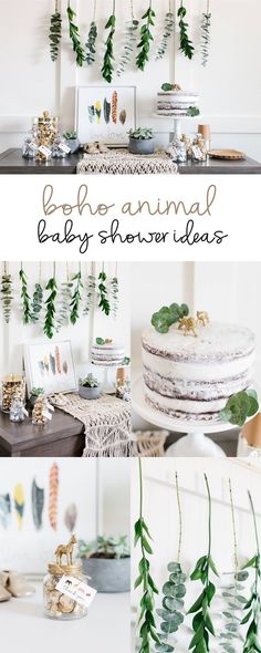 an image of baby shower ideas with greenery on the top and bottom tiers