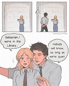 a comic strip with an image of a man and woman in front of a library