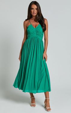 Roza Midi Dress - Ruched Bodice Dress in Emerald Ruched V-neck Sundress Maxi Dress, Green V-neck Maxi Dress With Smocked Back, Green V-neck Dress With Pleated Waist, Summer Party V-neck Dress With Ruched Detail, Green Ruched Maxi Dress, Green A-line Dresses With Ruched Bodice, Green Ruched Midi Dress For Party, Green Maxi Length V-neck Dress For Brunch, Spring Midi Dress With Gathered Waist For Date Night