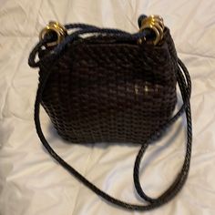 Dark Brown Woven Pattern Cole Haan Purse Nwot. Flawless Elegant Brown Bucket Bag With Intrecciato Weave, Evening Brown Bucket Bag With Braided Handles, Elegant Formal Bucket Bag With Braided Handles, Elegant Bucket Bag With Intrecciato Weave For Errands, Formal Brown Shoulder Bag With Braided Handles, Beige Gloves, Yellow Tote Bag, Studded Handbag, Laptop Tote Bag