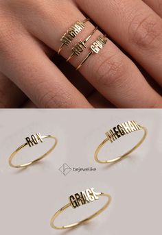 "This Tiny Name Ring is 14k Solid GOLD ( not filled or plated). You can customize this name ring with the name/word/date/mantra of your choice. Gold Name Ring is the best jewelry you could ever find. This will be the best gift for you and your loved one. All our gold/silver rings are suitable for all kinds of clothing and add great sparkle to your wardrobe. Each gold ring is made to order, which gives our pieces a unique meaning that is specific and special to you. We offer many alternatives to Personalized Stackable Rings, Ring With Name, Gold Name Ring, Word Jewelry, Handwriting Necklace Custom, Silhouette Necklace, Minimalistic Jewelry, Unique Meaning, Mum Life