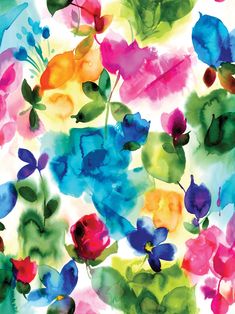 colorful watercolor flowers and leaves on a white background with blue, pink, green, red