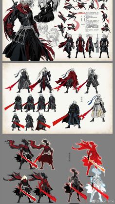 the concept art for an upcoming video game is shown in red and black, as well as