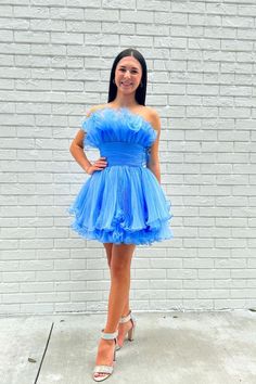 Sky Blue Ruffled Short Party Dress Blue Ruffled Mini Dress For Homecoming, Blue Strapless Ruffle Dress For Prom, Blue Strapless Ruffled Dress For Prom, Blue Strapless Dress With Ruffles For Prom, Light Blue Strapless Ruffled Dress, Light Blue Strapless Dress With Ruffles, Blue Ruffled Mini Dress For Prom, Light Blue Mini Dress For Homecoming And Prom, Light Blue Mini Dress For Homecoming During Prom Season