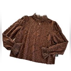 Broadway 38 Brown Lace Romantic Long Sleeve Blouse, High Neck With Back Button Closure Size Large New With Tags Feminine, Bohemian, Taylor Swift Fall Lace Tops, Fitted Brown Top With Lace Trim, Chic Brown Stretch Blouse, Brown Stretch Blouse For Spring, Spring Stretch Brown Blouse, Elegant Stretch Brown Top, Elegant Brown Stretch Top, Stretch Lace Blouse For Fall, Brown Lace Tops For Spring