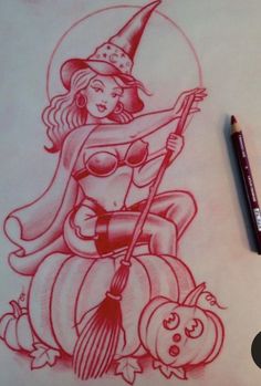 a drawing of a witch sitting on top of a pumpkin with a broom in her hand