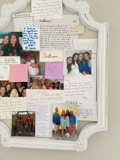 a collage of photos and letters on a white frame with post it notes attached